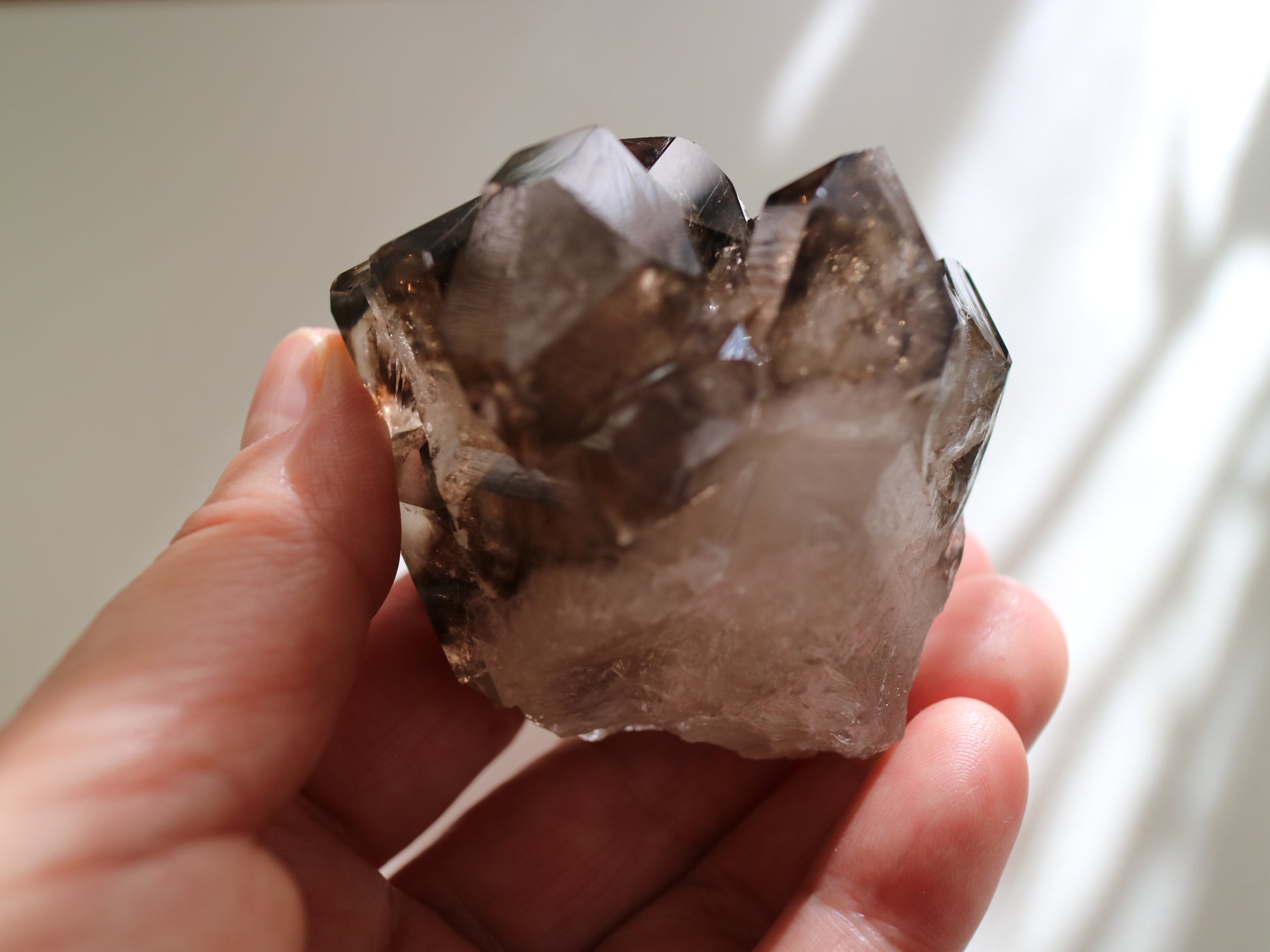 スモーキー エレスチャルクォーツ　小 手のひらサイズ
Smokey Elestial Quartz
産地：ブラジル ミナスジェライス州 Baixio鉱山
サイズ：6cm x 7cm x 4.6cm、184g